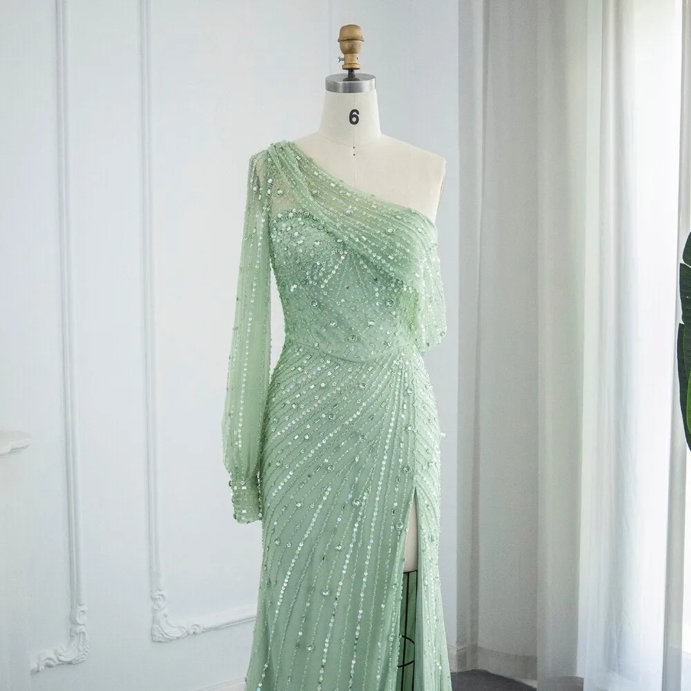 Vestido de Festa Longo com Manga Única Detalhado - Modelo Especial (Pronta Entrega)