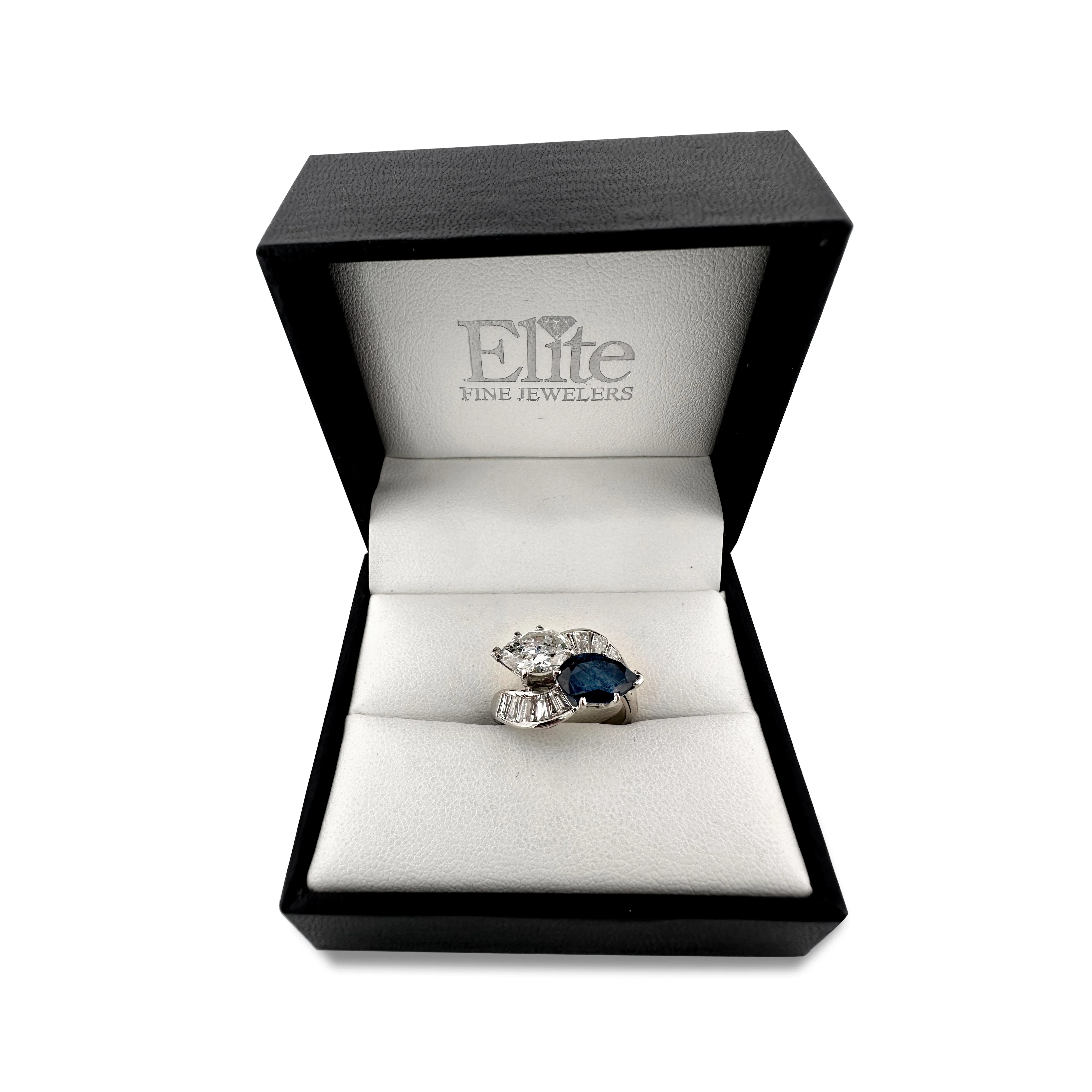 Vintage Pear Shaped Diamond & Pear Shaped Sapphire Bypass Cocktail Ring in Platinum
