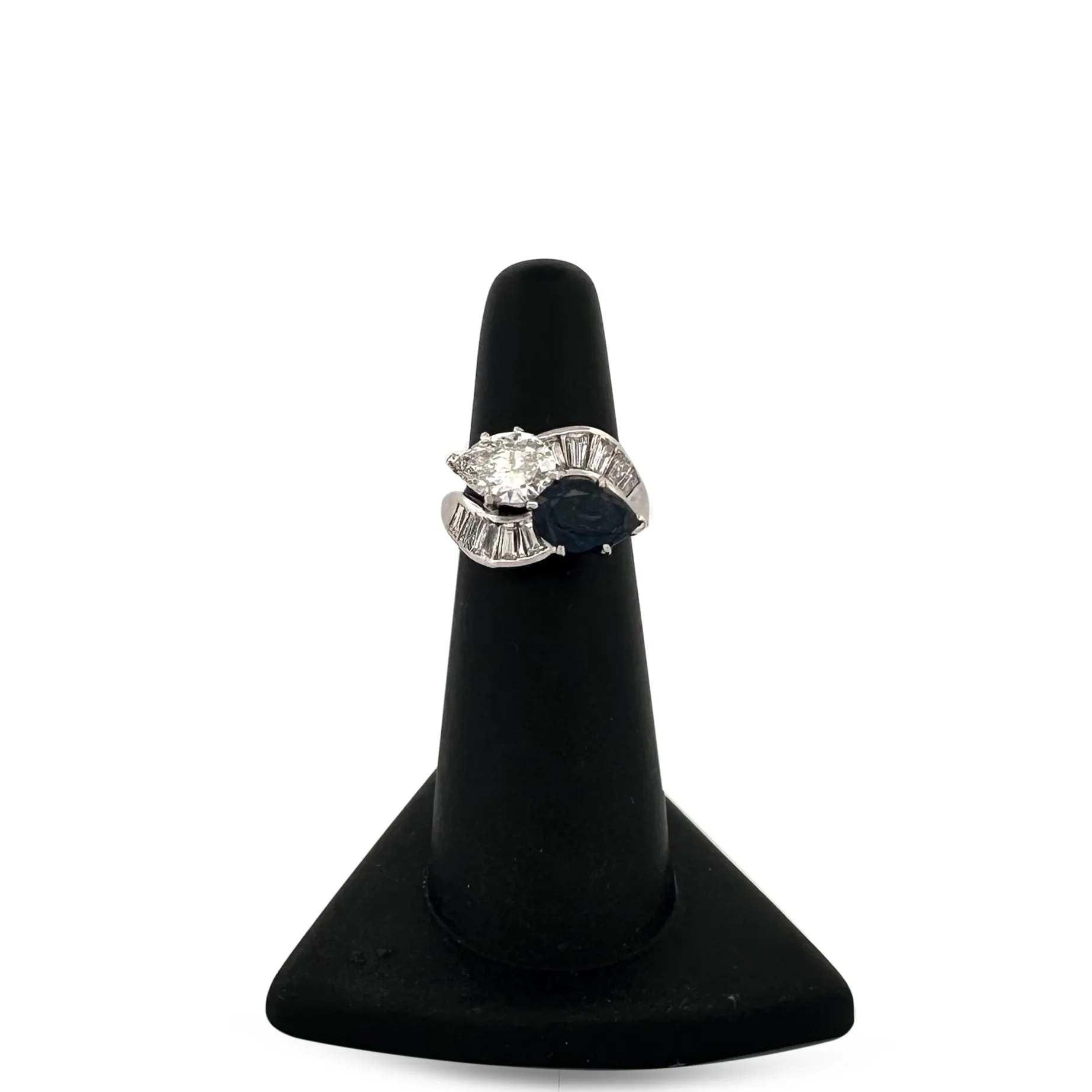Vintage Pear Shaped Diamond & Pear Shaped Sapphire Bypass Cocktail Ring in Platinum