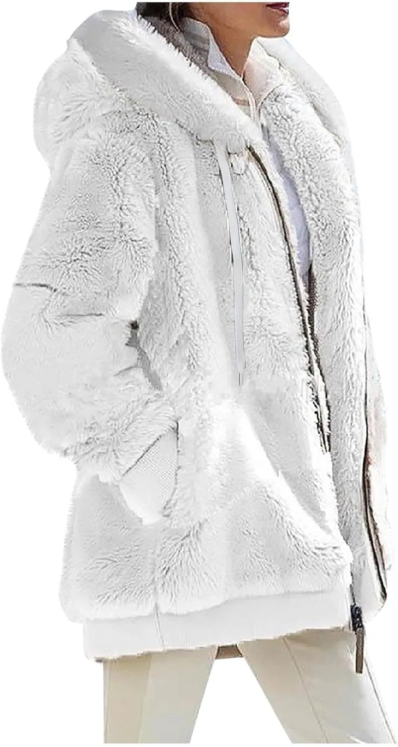 Winter Coats For Women,Women Fleece Hooded Jacket Warm Fuzzy Fluffy Sherpa Jacket Two Pockets Coat Outwear