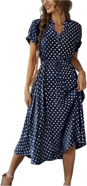 Women Button Front Drawstring High Waist Short Sleeve A Line Midi Dress Polka Dot Tie Waist Wrap Business Dress
