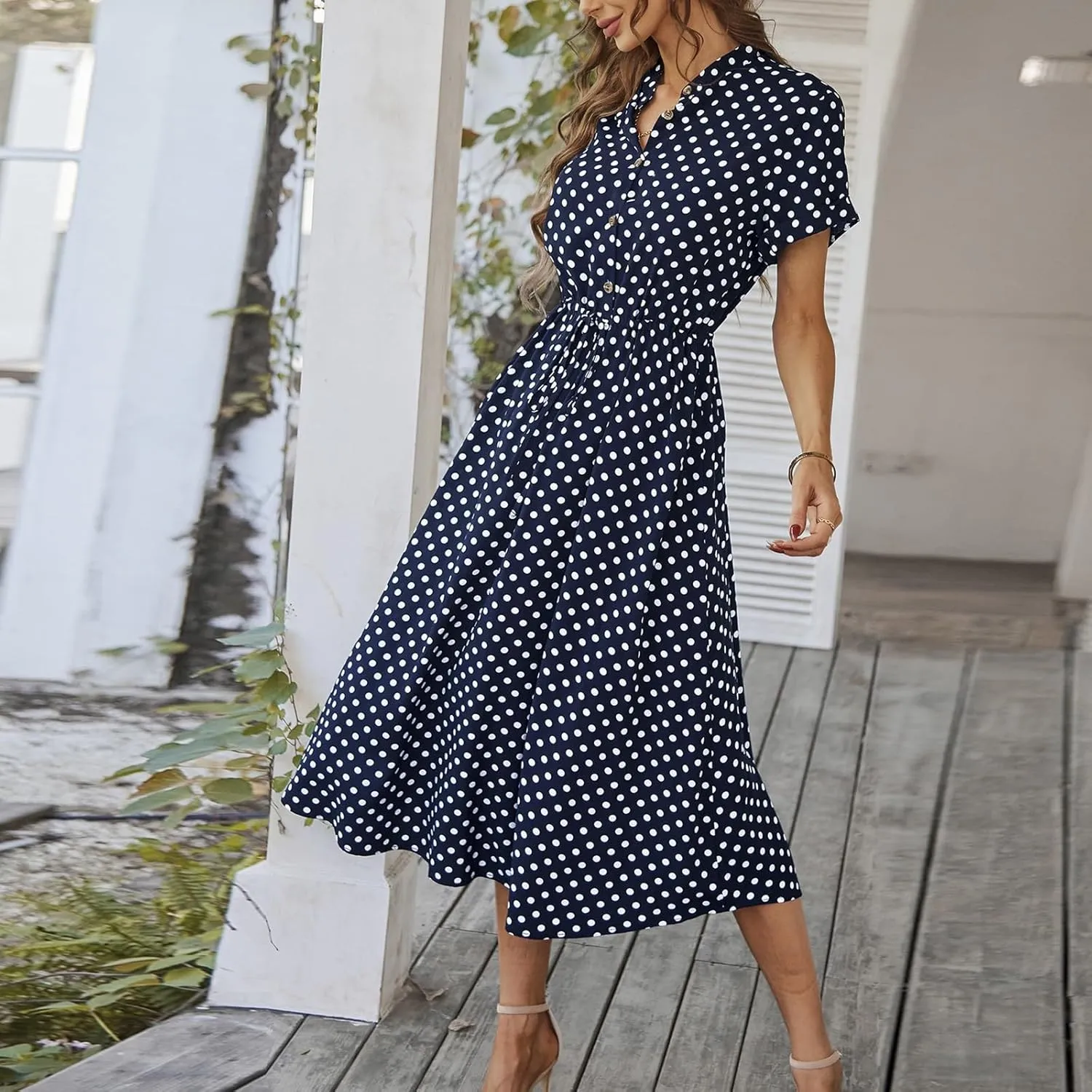 Women Button Front Drawstring High Waist Short Sleeve A Line Midi Dress Polka Dot Tie Waist Wrap Business Dress
