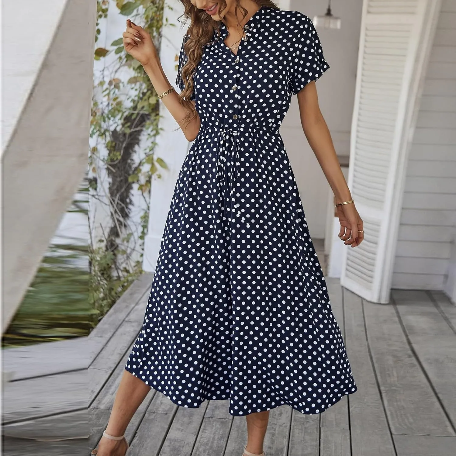 Women Button Front Drawstring High Waist Short Sleeve A Line Midi Dress Polka Dot Tie Waist Wrap Business Dress