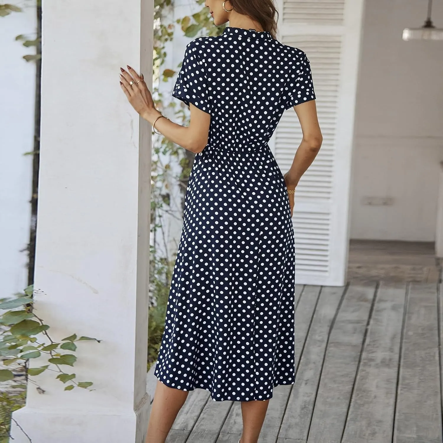 Women Button Front Drawstring High Waist Short Sleeve A Line Midi Dress Polka Dot Tie Waist Wrap Business Dress