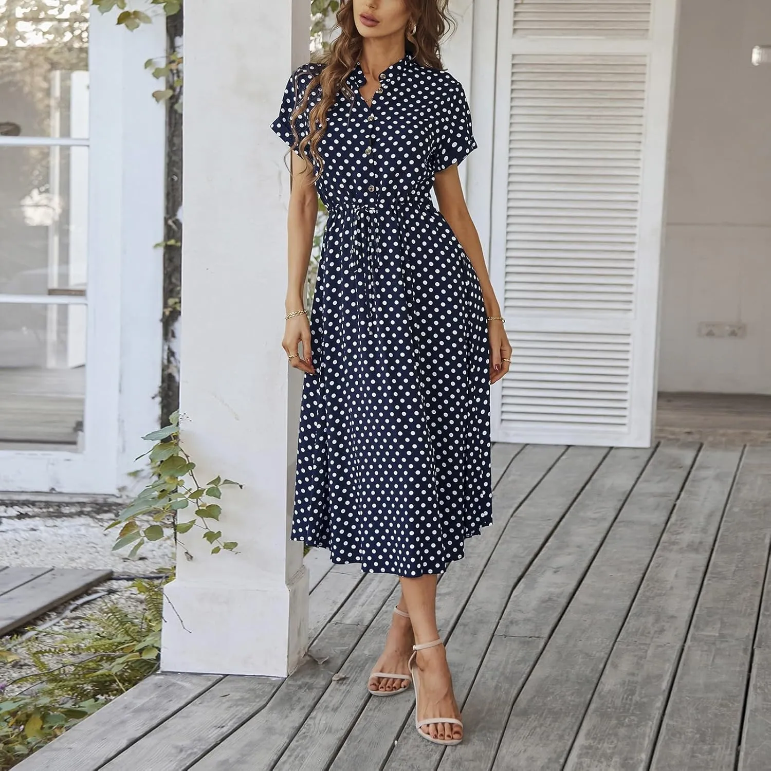Women Button Front Drawstring High Waist Short Sleeve A Line Midi Dress Polka Dot Tie Waist Wrap Business Dress