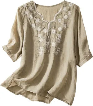 Women Cotton Linen Tops Vintage Floral Embroidered Gauze Shirts Summer Casual 3/4 Sleeve V Neck Baggy Boho Blouse