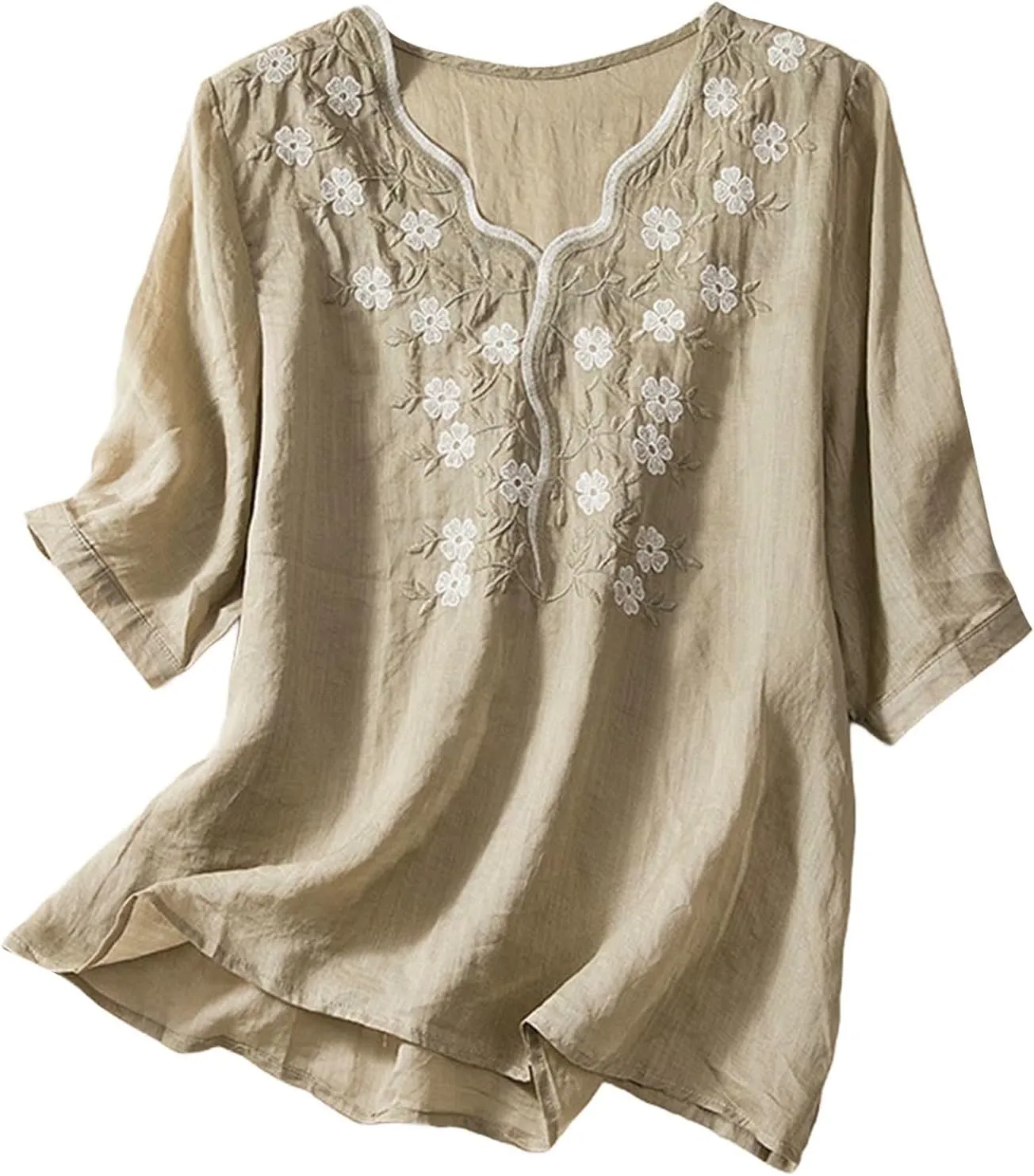 Women Cotton Linen Tops Vintage Floral Embroidered Gauze Shirts Summer Casual 3/4 Sleeve V Neck Baggy Boho Blouse