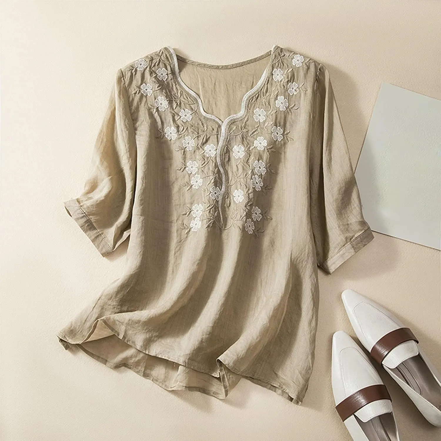 Women Cotton Linen Tops Vintage Floral Embroidered Gauze Shirts Summer Casual 3/4 Sleeve V Neck Baggy Boho Blouse