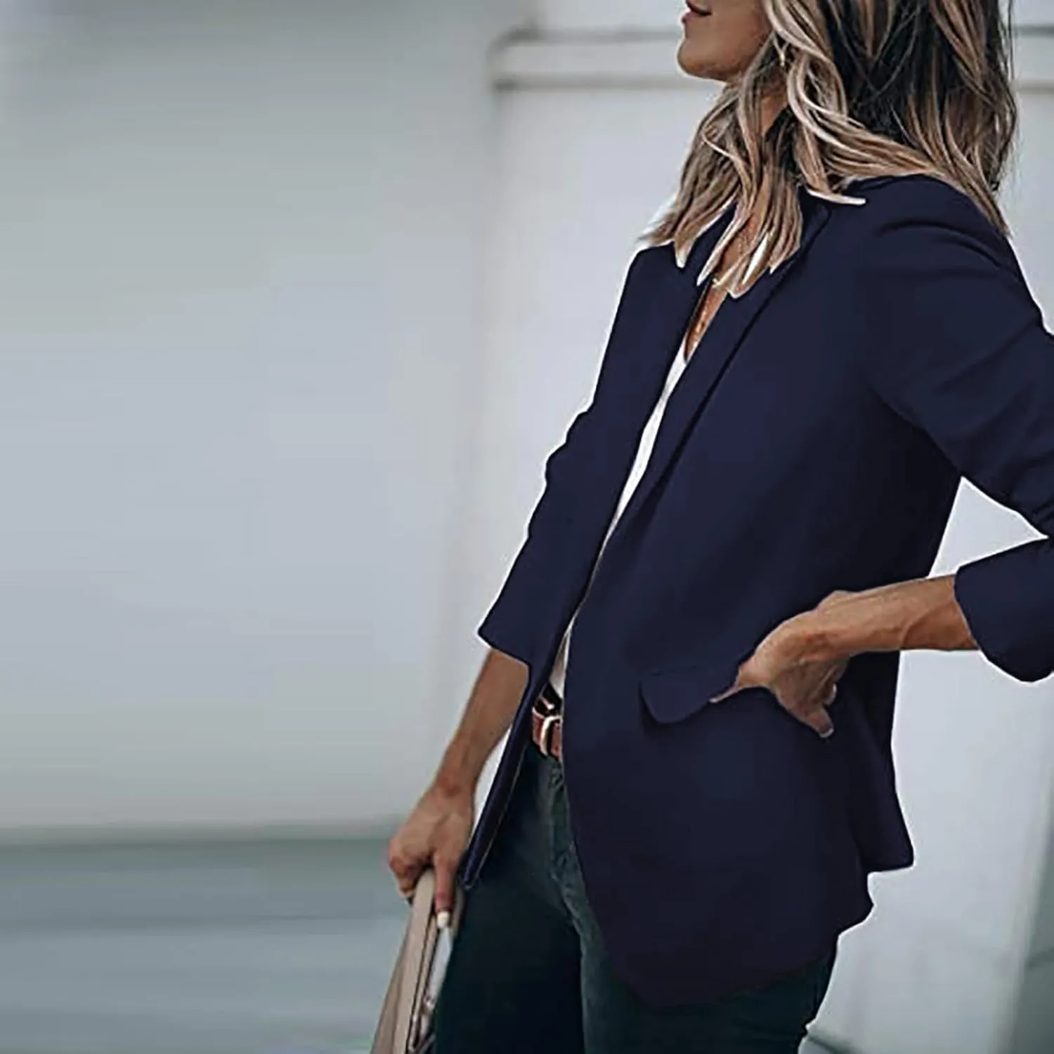 Women Fall Fashion 2024 Blazers Long Sleeve Open Front Button Blazer Jackets Solid Color Work Office Suit Jacket