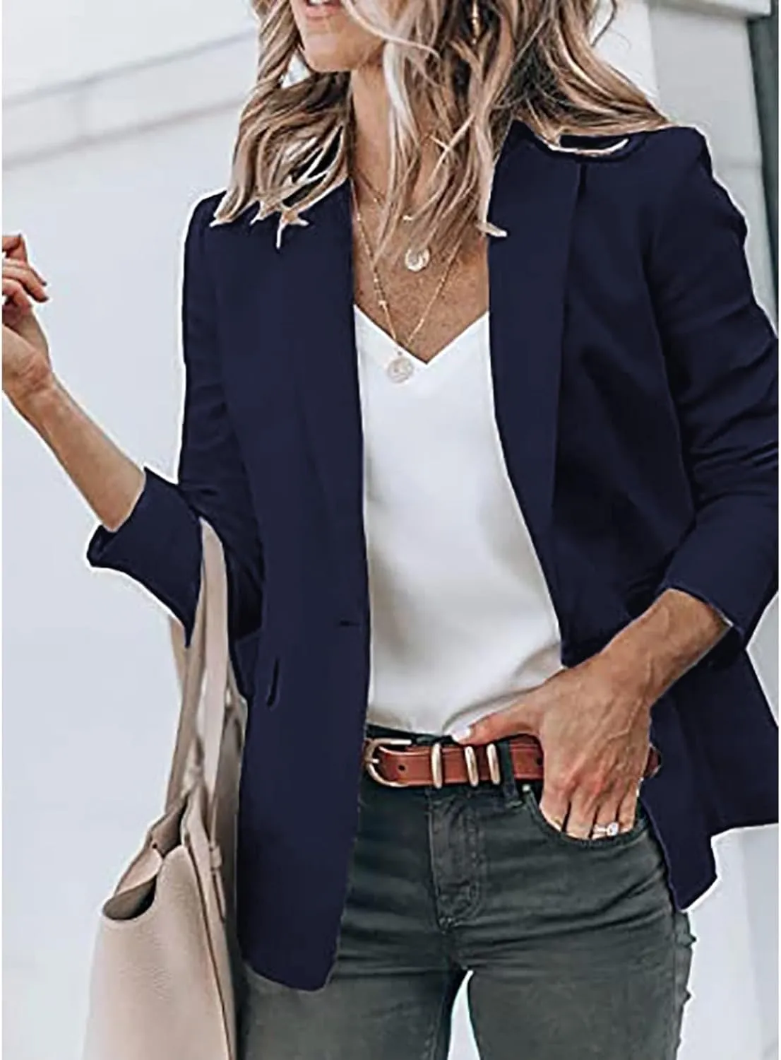 Women Fall Fashion 2024 Blazers Long Sleeve Open Front Button Blazer Jackets Solid Color Work Office Suit Jacket