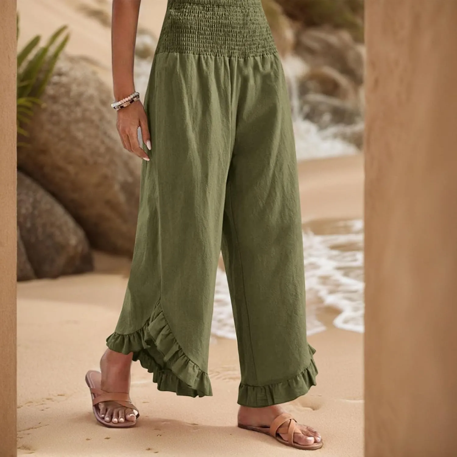 Women Linen Pants Wide Leg Smocked Waist Ruffle Hem Palazzo Pant Summer Boho Flowy Beach Trousers with Pockets
