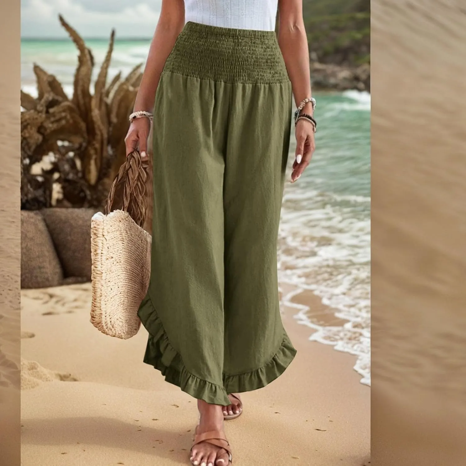 Women Linen Pants Wide Leg Smocked Waist Ruffle Hem Palazzo Pant Summer Boho Flowy Beach Trousers with Pockets