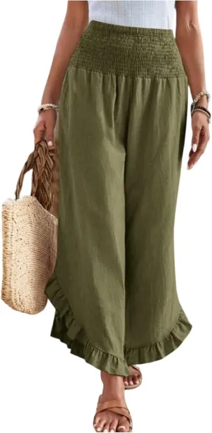 Women Linen Pants Wide Leg Smocked Waist Ruffle Hem Palazzo Pant Summer Boho Flowy Beach Trousers with Pockets