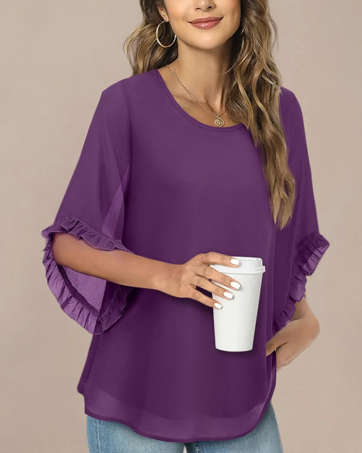 Women's 3/4 Ruffle Sleeve Blouse Tops Double Layers Flowy Shirts Elegant Chiffon Blouses