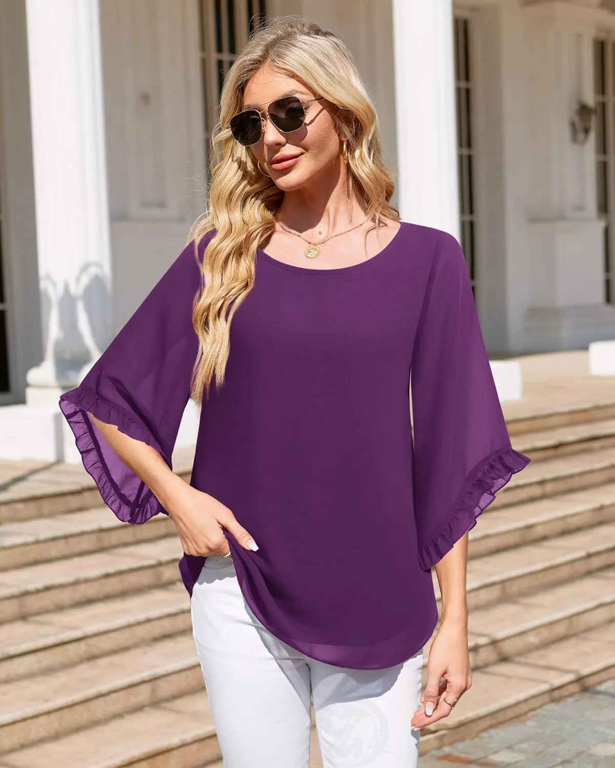 Women's 3/4 Ruffle Sleeve Blouse Tops Double Layers Flowy Shirts Elegant Chiffon Blouses