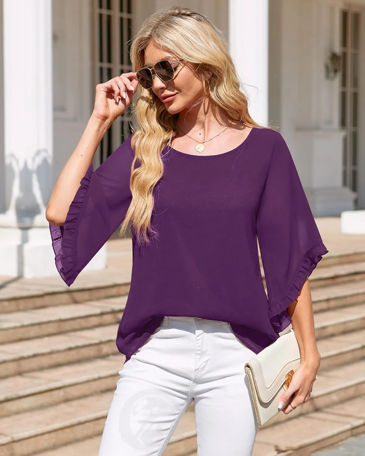 Women's 3/4 Ruffle Sleeve Blouse Tops Double Layers Flowy Shirts Elegant Chiffon Blouses