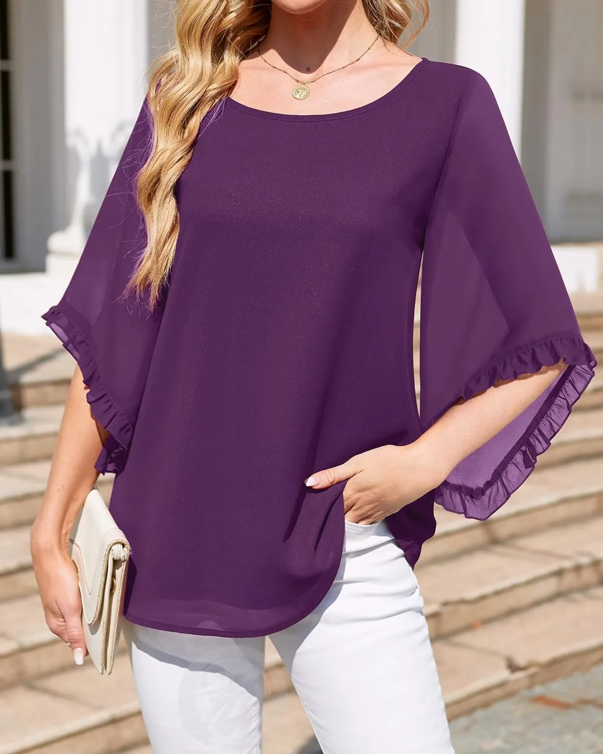 Women's 3/4 Ruffle Sleeve Blouse Tops Double Layers Flowy Shirts Elegant Chiffon Blouses