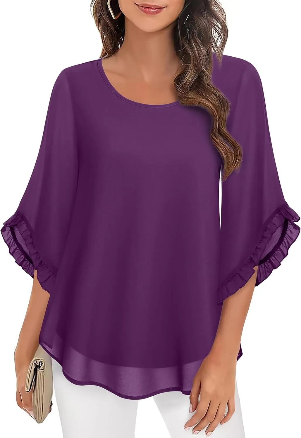 Women's 3/4 Ruffle Sleeve Blouse Tops Double Layers Flowy Shirts Elegant Chiffon Blouses