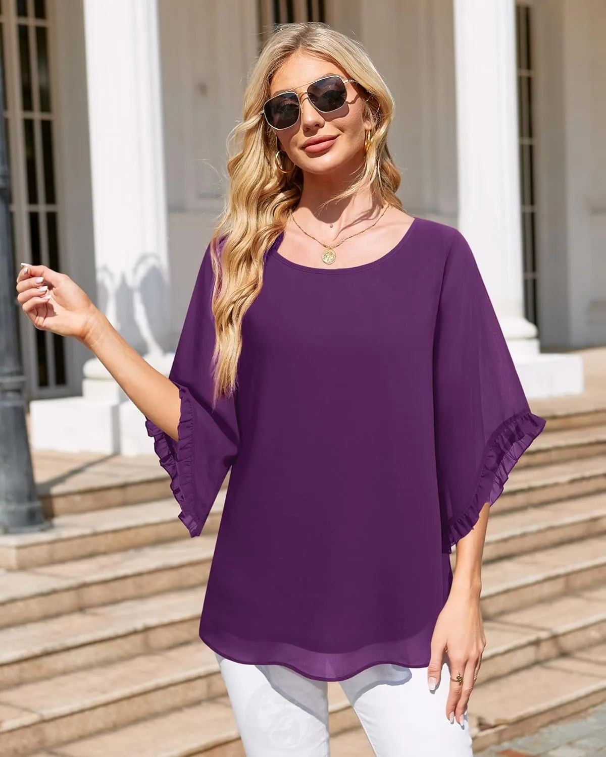Women's 3/4 Ruffle Sleeve Blouse Tops Double Layers Flowy Shirts Elegant Chiffon Blouses