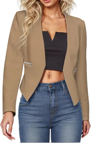 Women's Blazer Cardigan Top Work Office Suit Jackets Casual Collarless Cropped Long Sleeve Business Blazers Coat