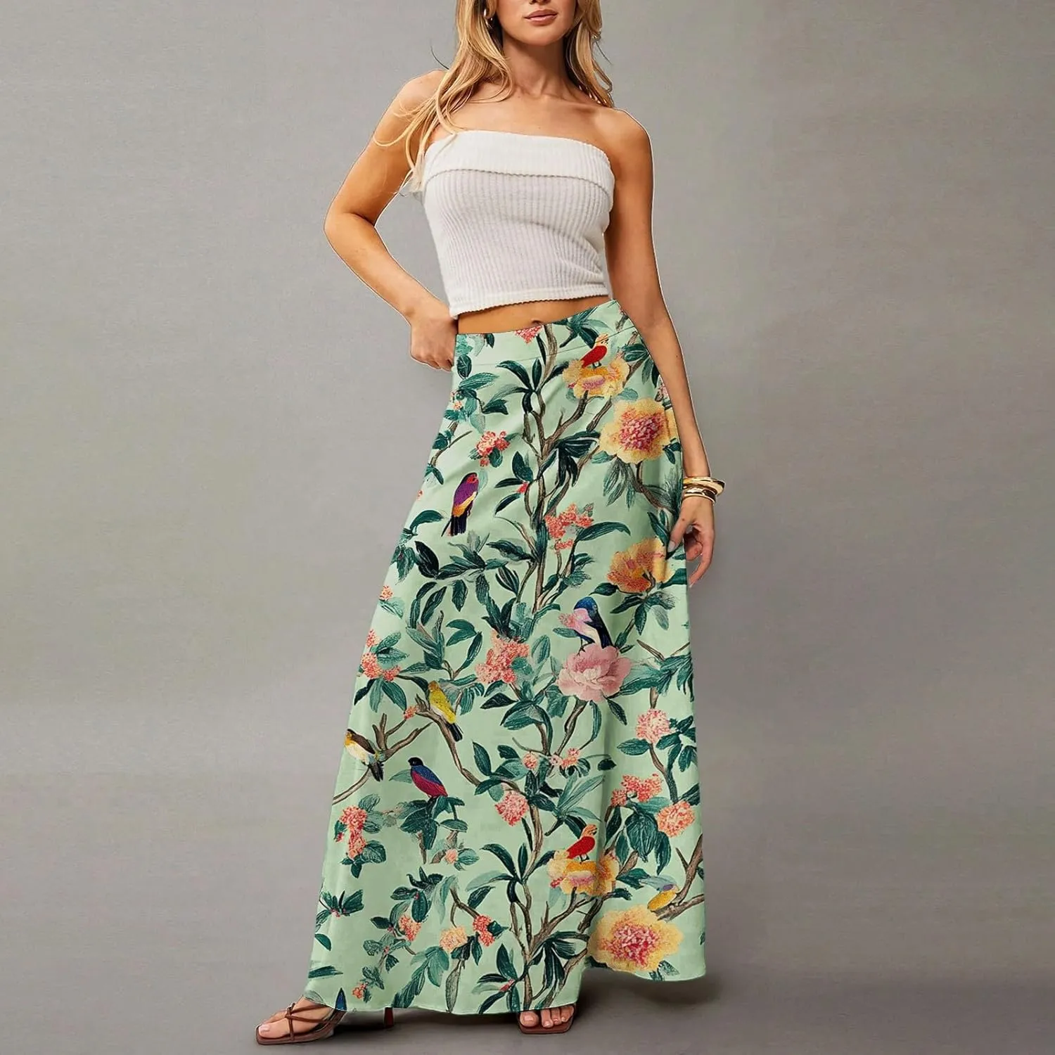 Women's Boho Dresses 2025 Floral Skirt Casual Elastic High Waist Maxi Skirts Flowy A Line Beach Long Skirt, S-2XL