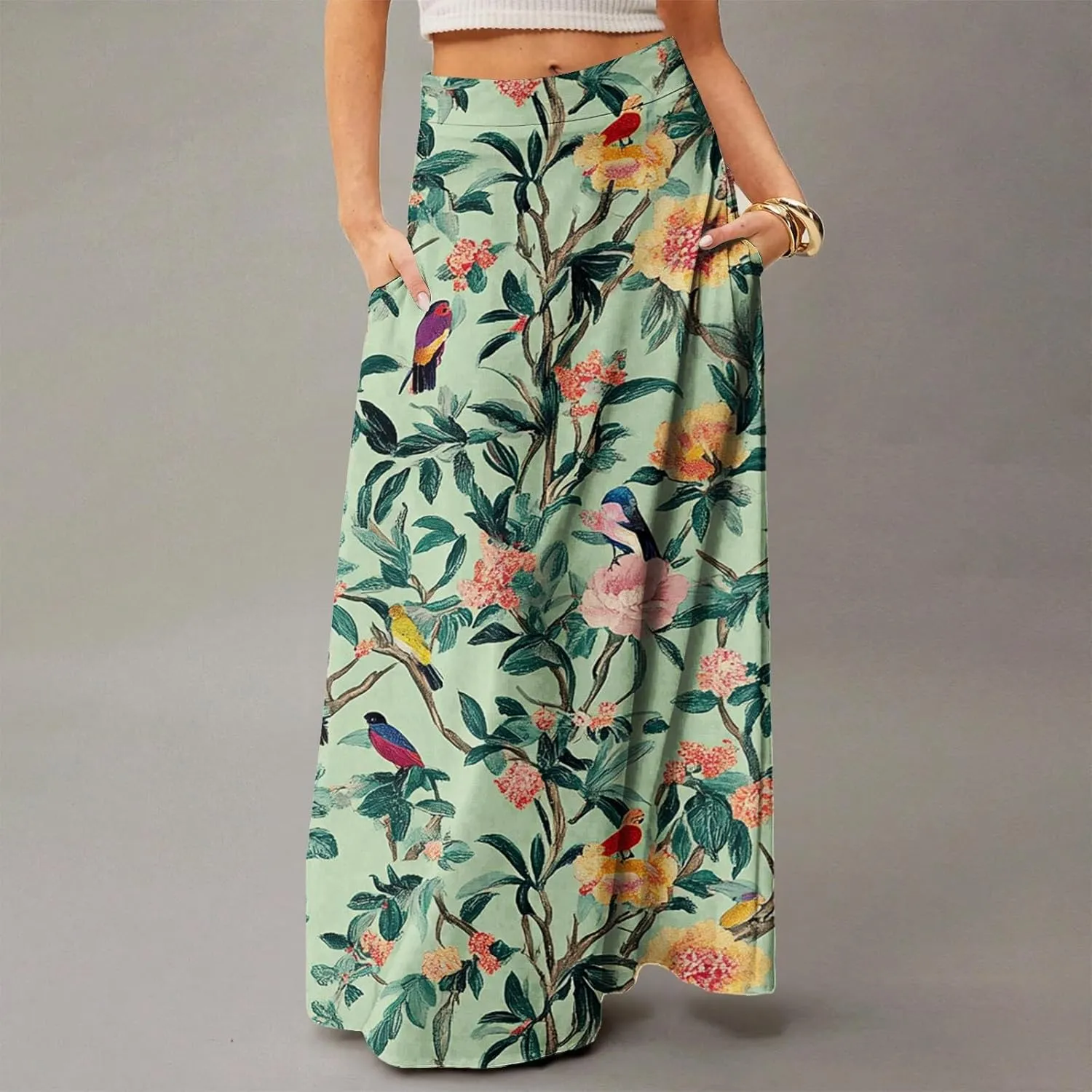 Women's Boho Dresses 2025 Floral Skirt Casual Elastic High Waist Maxi Skirts Flowy A Line Beach Long Skirt, S-2XL