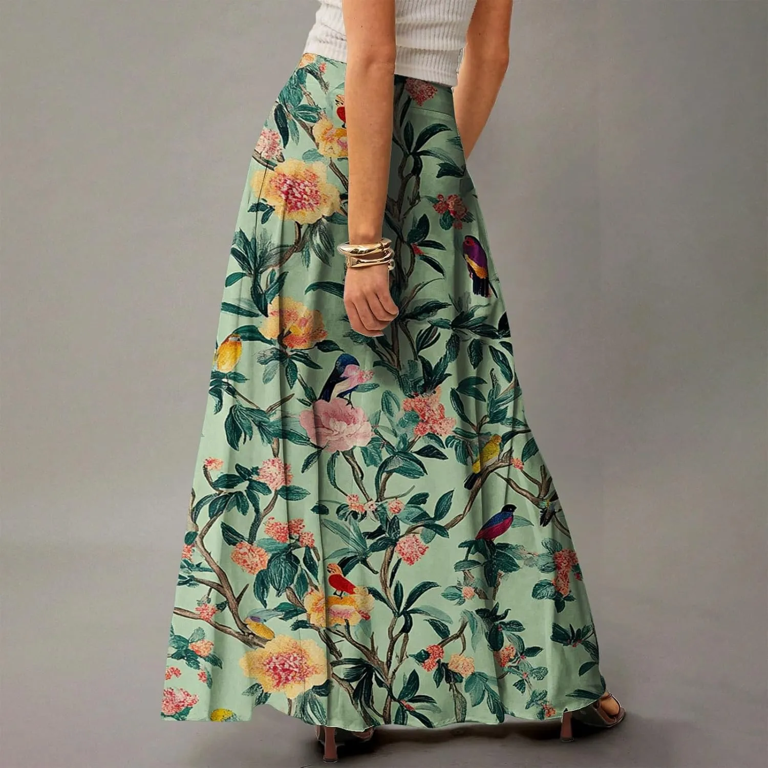Women's Boho Dresses 2025 Floral Skirt Casual Elastic High Waist Maxi Skirts Flowy A Line Beach Long Skirt, S-2XL