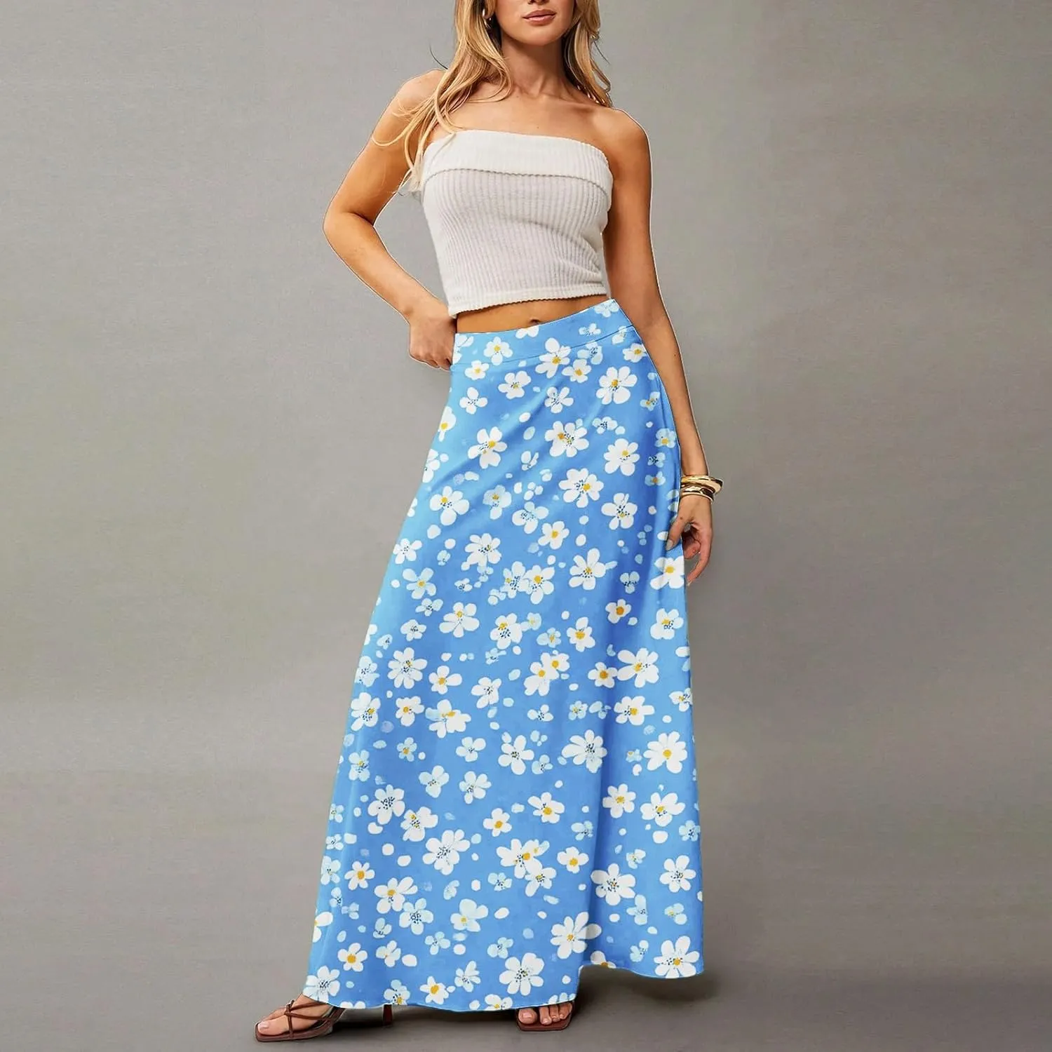 Women's Boho Dresses 2025 Floral Skirt Casual Elastic High Waist Maxi Skirts Flowy A Line Beach Long Skirt, S-2XL