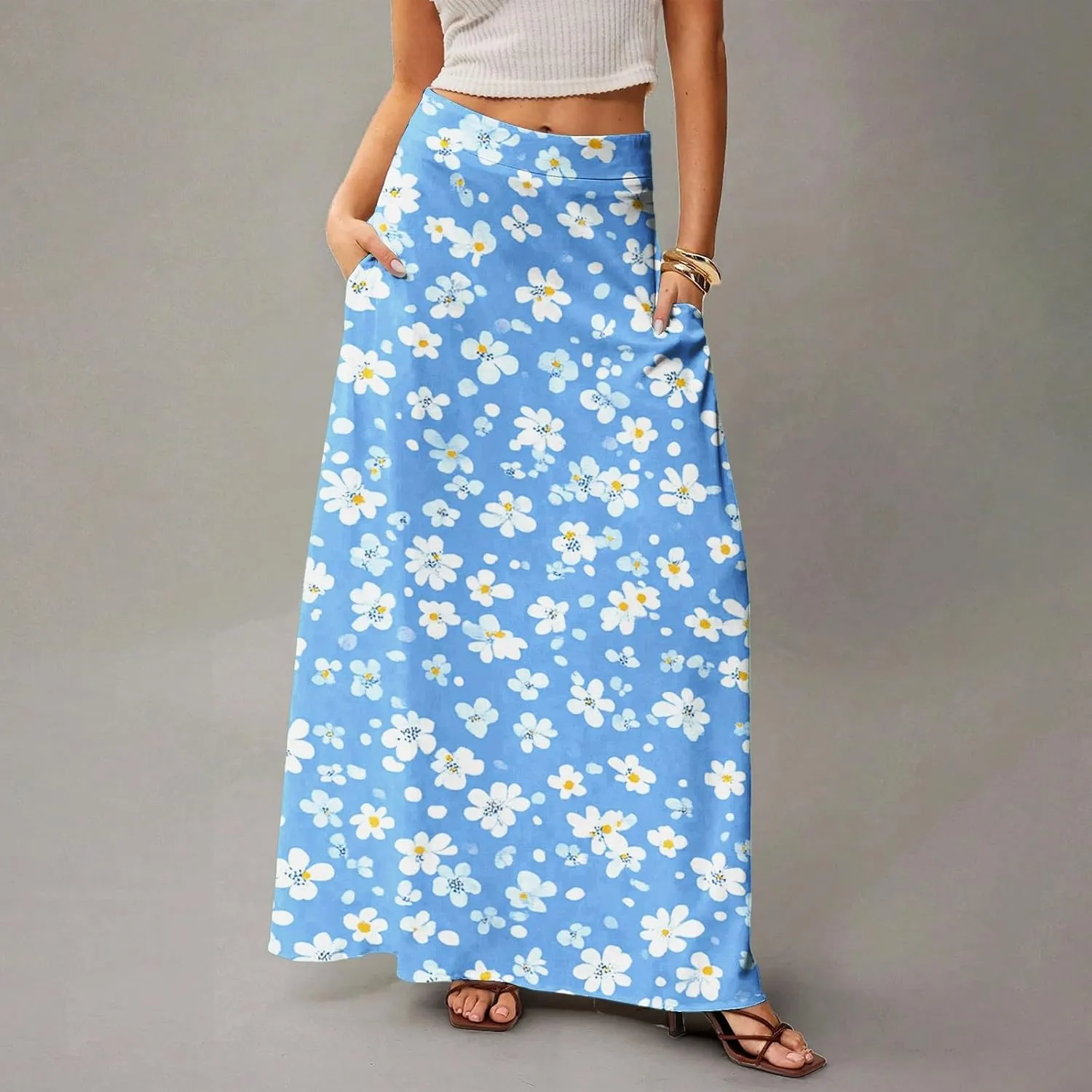 Women's Boho Dresses 2025 Floral Skirt Casual Elastic High Waist Maxi Skirts Flowy A Line Beach Long Skirt, S-2XL