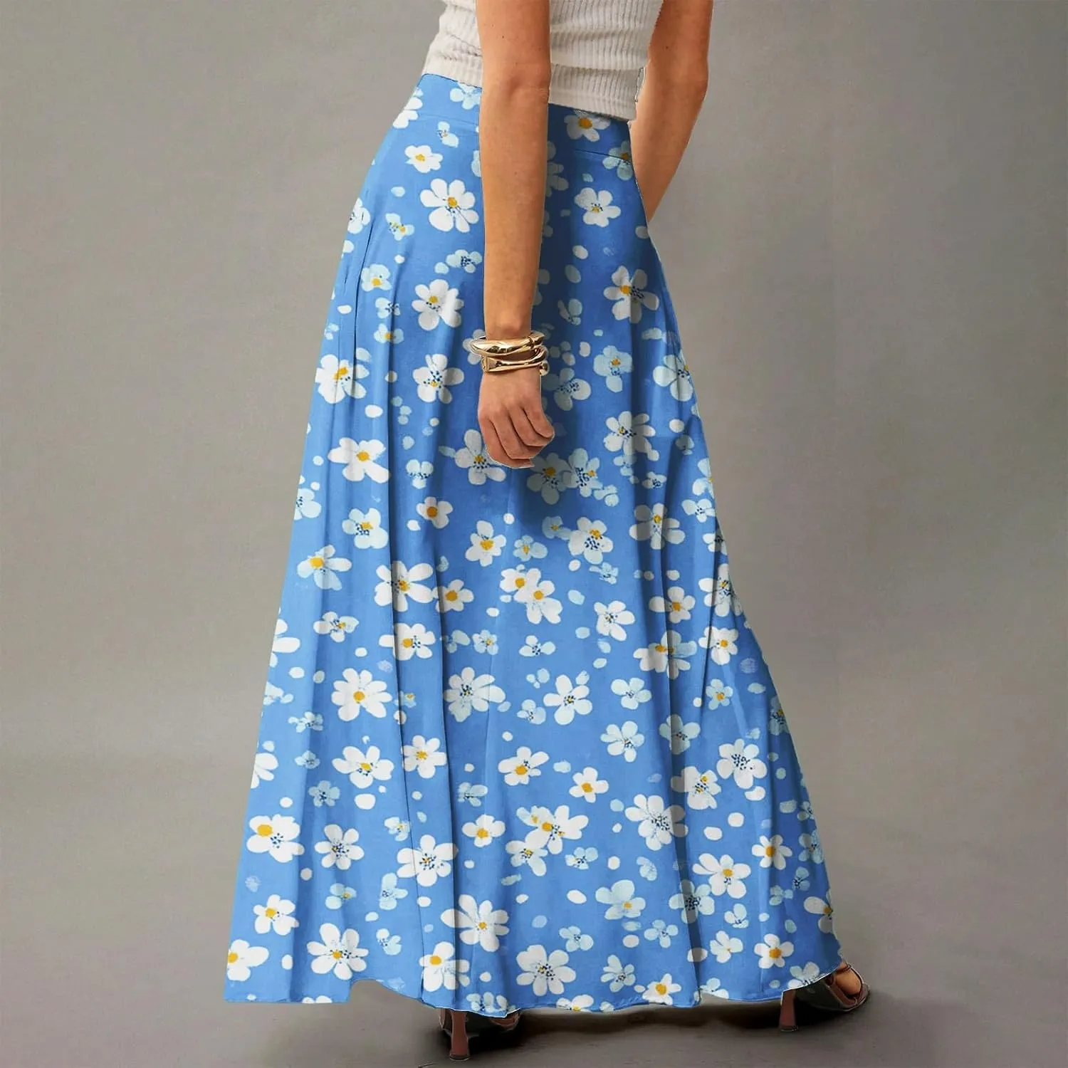 Women's Boho Dresses 2025 Floral Skirt Casual Elastic High Waist Maxi Skirts Flowy A Line Beach Long Skirt, S-2XL