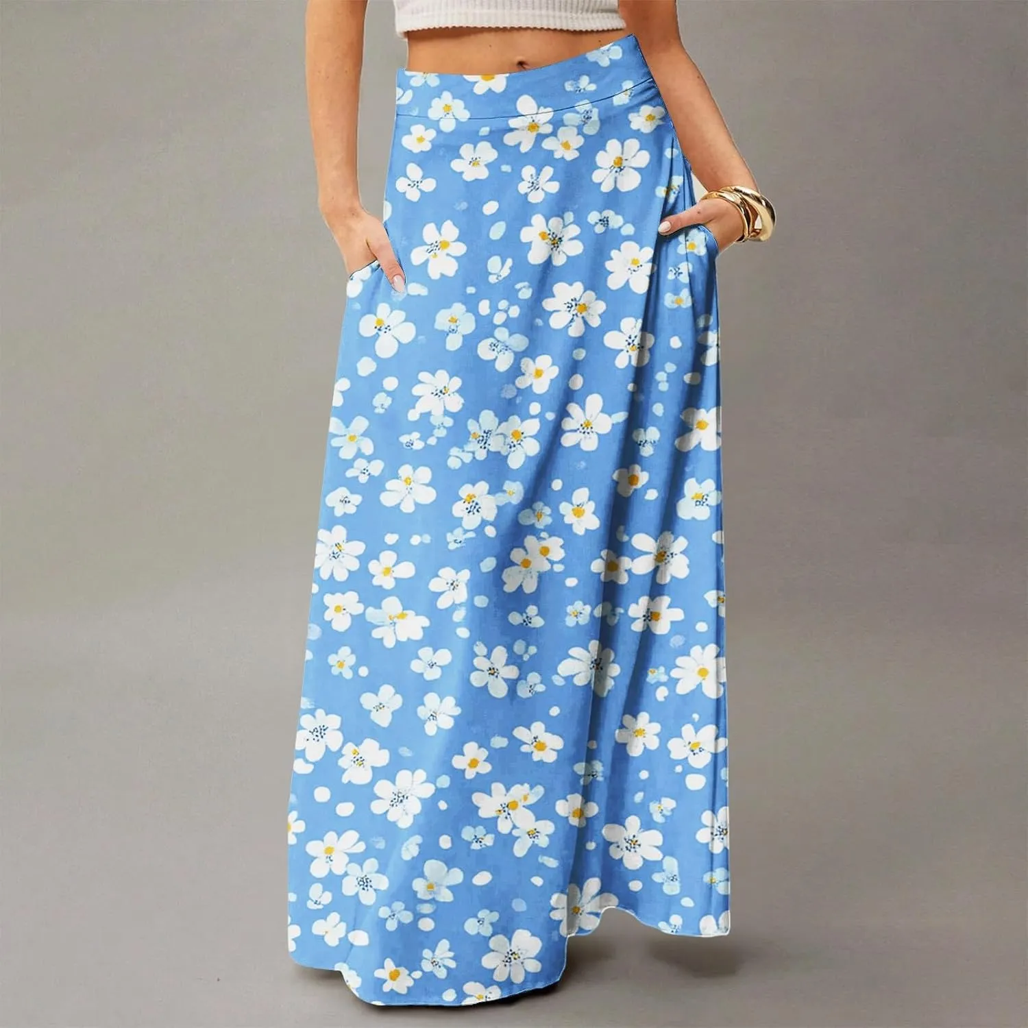 Women's Boho Dresses 2025 Floral Skirt Casual Elastic High Waist Maxi Skirts Flowy A Line Beach Long Skirt, S-2XL