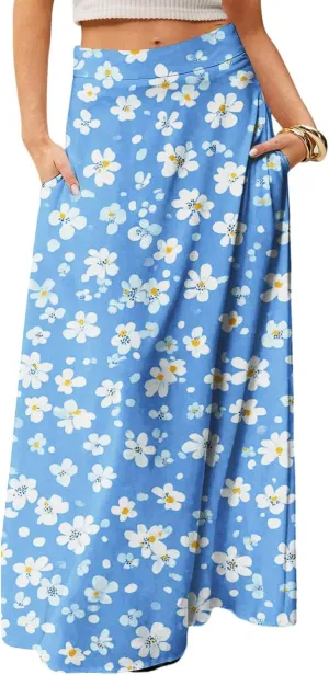 Women's Boho Dresses 2025 Floral Skirt Casual Elastic High Waist Maxi Skirts Flowy A Line Beach Long Skirt, S-2XL