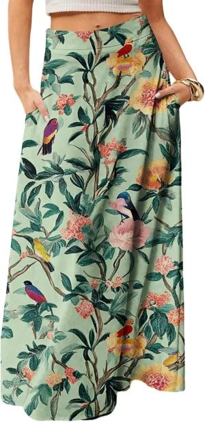 Women's Boho Dresses 2025 Floral Skirt Casual Elastic High Waist Maxi Skirts Flowy A Line Beach Long Skirt, S-2XL