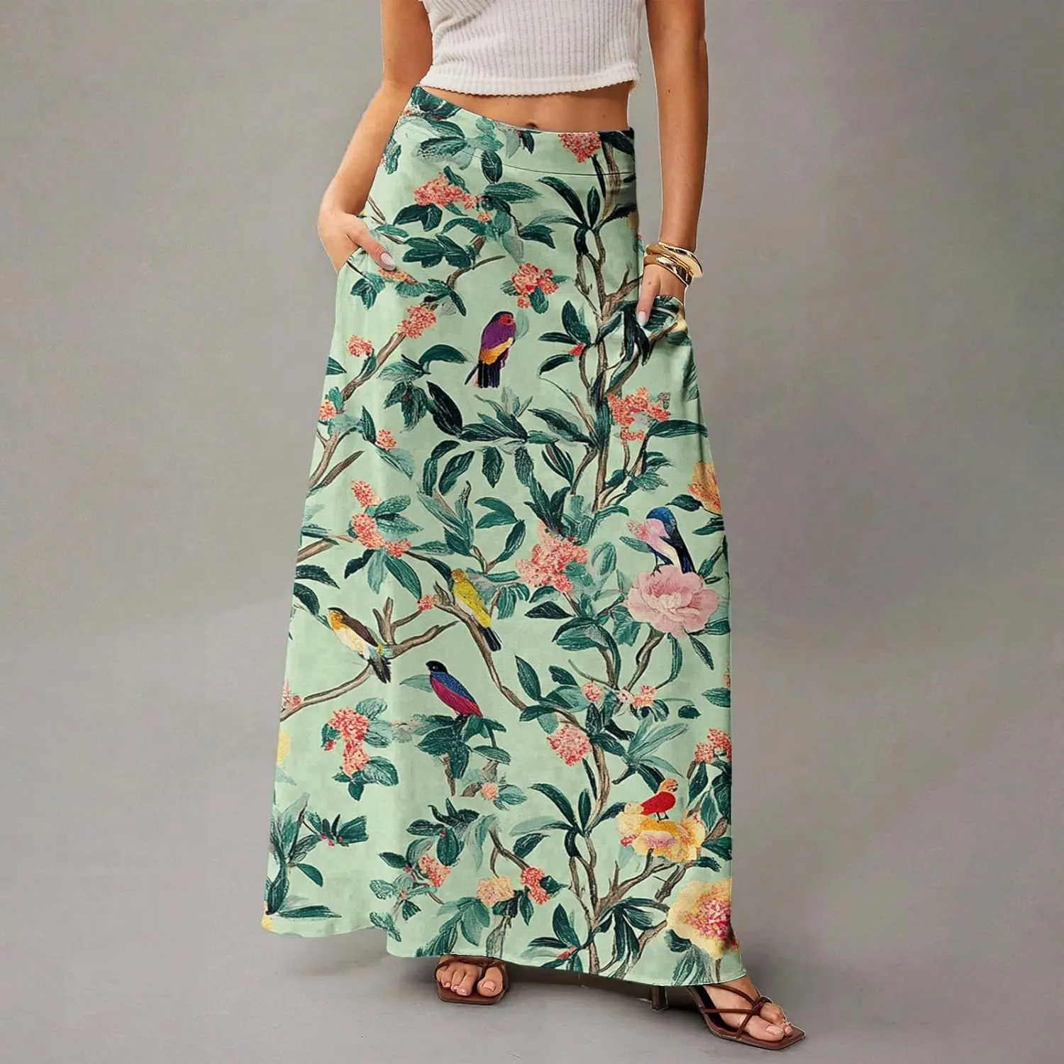 Women's Boho Dresses 2025 Floral Skirt Casual Elastic High Waist Maxi Skirts Flowy A Line Beach Long Skirt, S-2XL