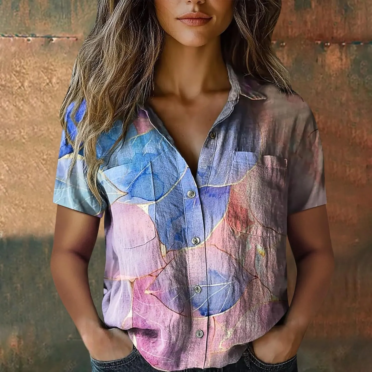 Womens Button Down Linen Shirt Boho Floral Print Shirt Casual Short Sleeve with Pockets V Neck Collared Tops Fashion 2025