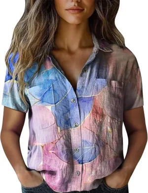 Womens Button Down Linen Shirt Boho Floral Print Shirt Casual Short Sleeve with Pockets V Neck Collared Tops Fashion 2025