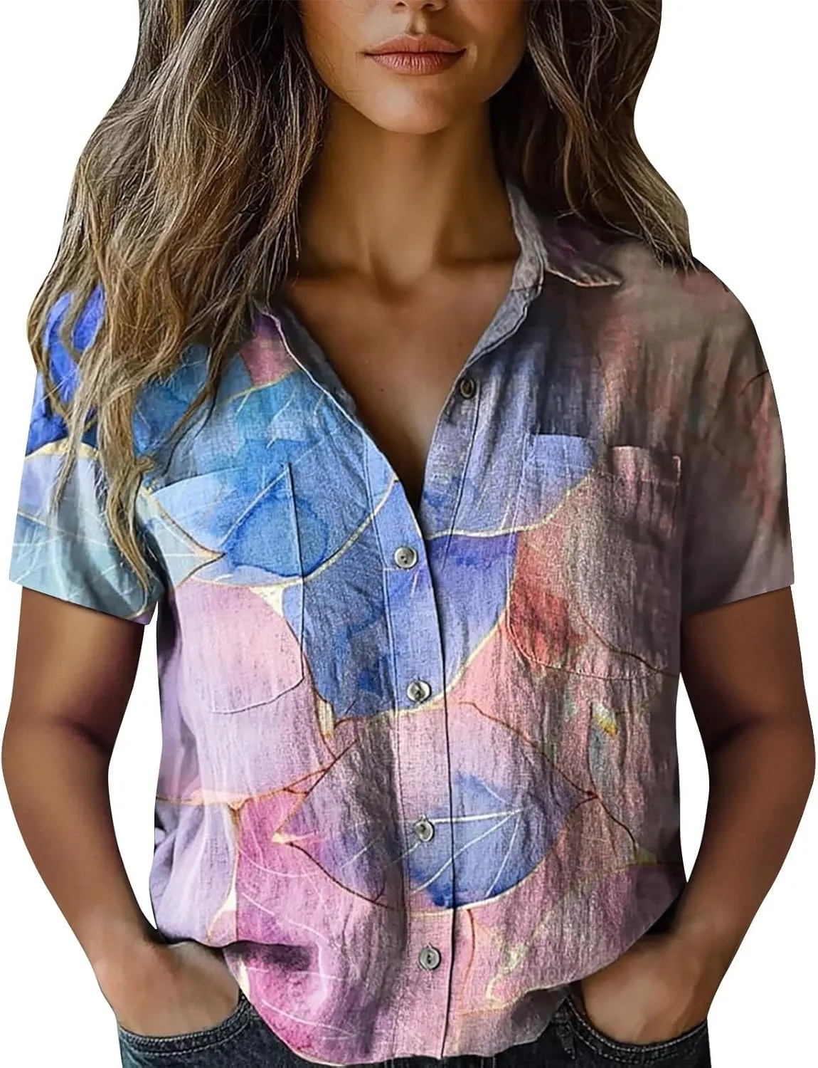 Womens Button Down Linen Shirt Boho Floral Print Shirt Casual Short Sleeve with Pockets V Neck Collared Tops Fashion 2025