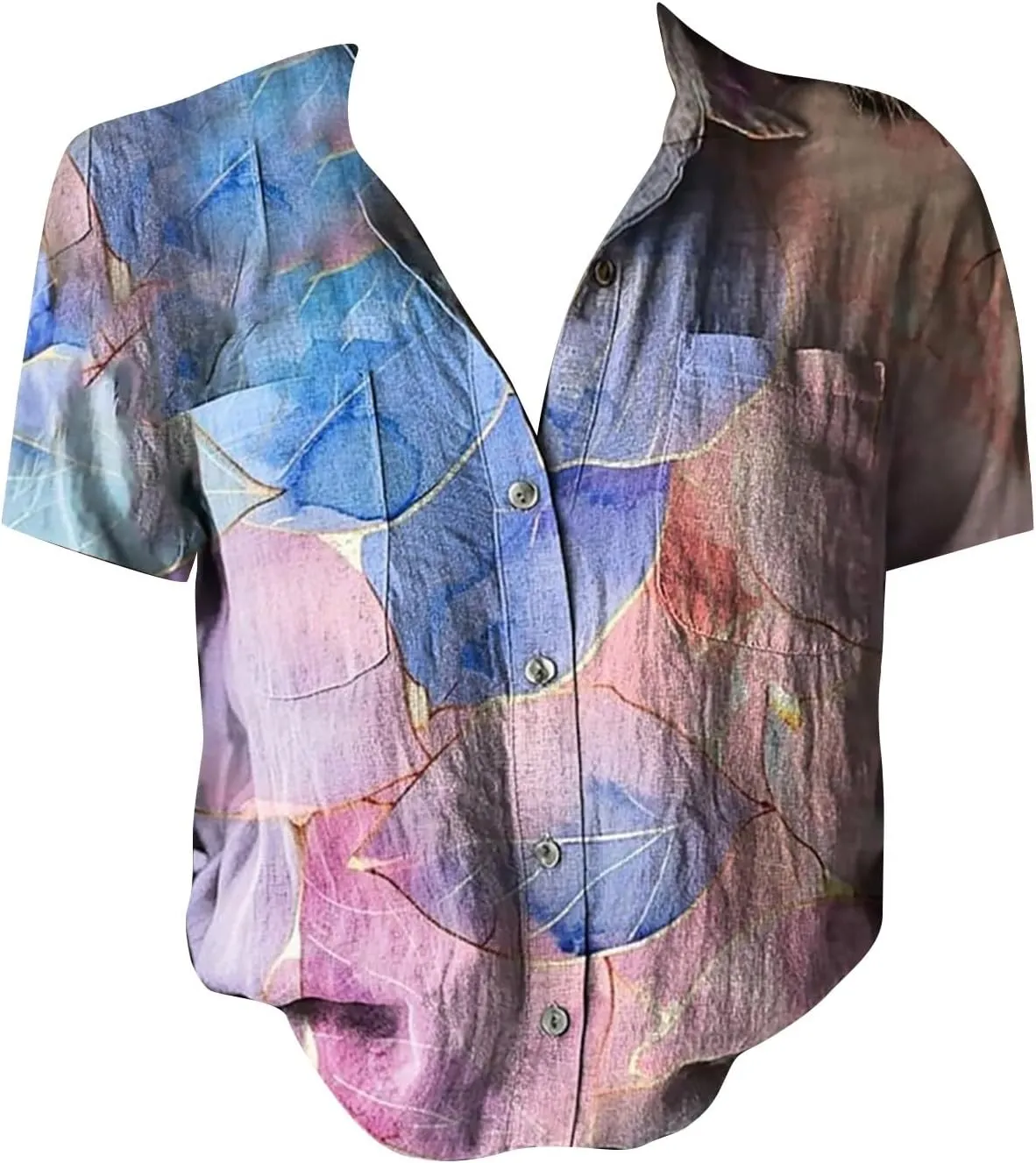Womens Button Down Linen Shirt Boho Floral Print Shirt Casual Short Sleeve with Pockets V Neck Collared Tops Fashion 2025