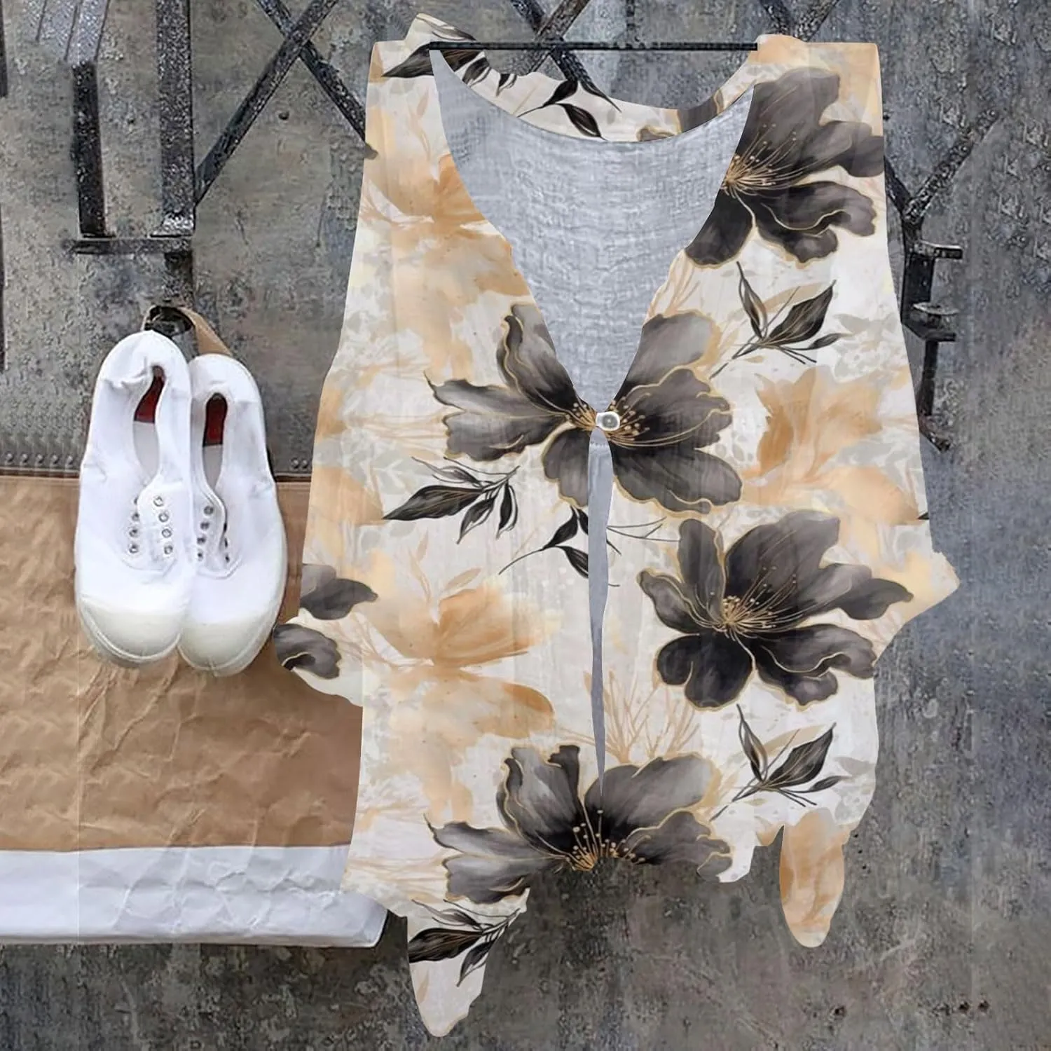 Womens Casual Button V Neck Women's Floral Butterfly Print Natural Autumn Fragrant Shirts Loose Work Tops