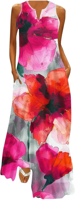 Women's Casual Loose Maxi Sundress Summer Sleeveless V Neck Long Dress Vintage Floral Beach Dress with Pockets