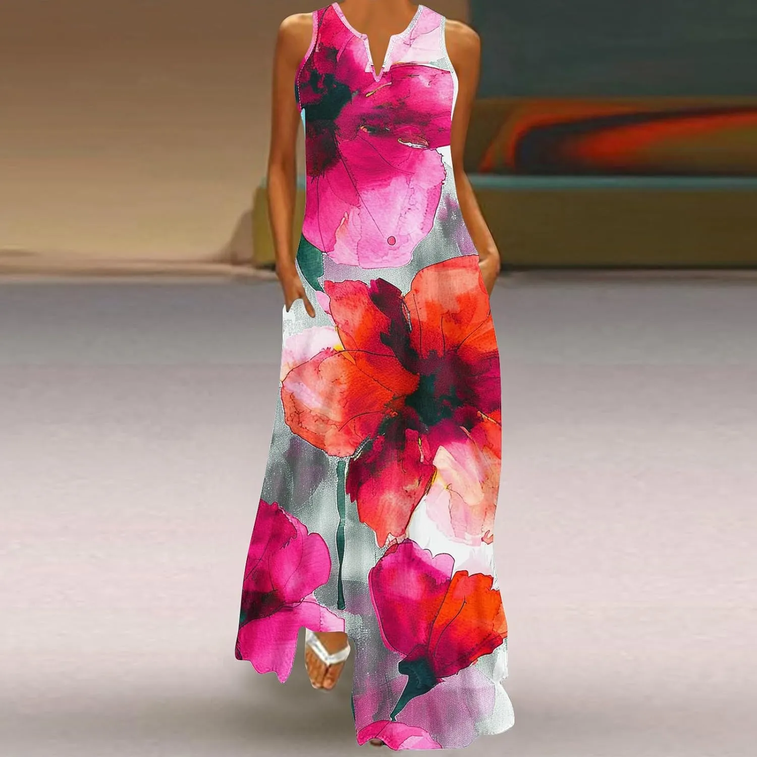 Women's Casual Loose Maxi Sundress Summer Sleeveless V Neck Long Dress Vintage Floral Beach Dress with Pockets