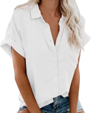 Womens Cotton Linen Button Down Shirts Summer 2025 Roll up Sleeve Oversized Boyfriend Solid Tops Casual Dress Tees