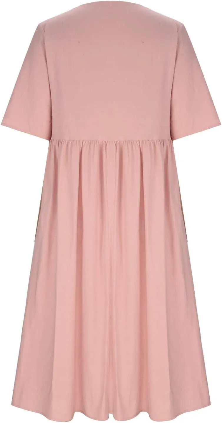 Women's Cotton Linen Midi Dress Summer Short Sleeve Dresses Elegant Casual A-Line Solid Tshirt Sundress with Pockets