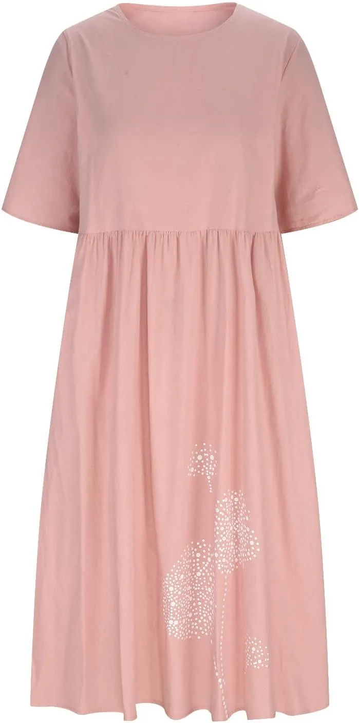 Women's Cotton Linen Midi Dress Summer Short Sleeve Dresses Elegant Casual A-Line Solid Tshirt Sundress with Pockets