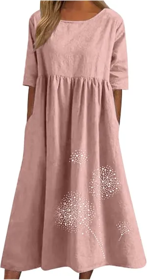 Women's Cotton Linen Midi Dress Summer Short Sleeve Dresses Elegant Casual A-Line Solid Tshirt Sundress with Pockets