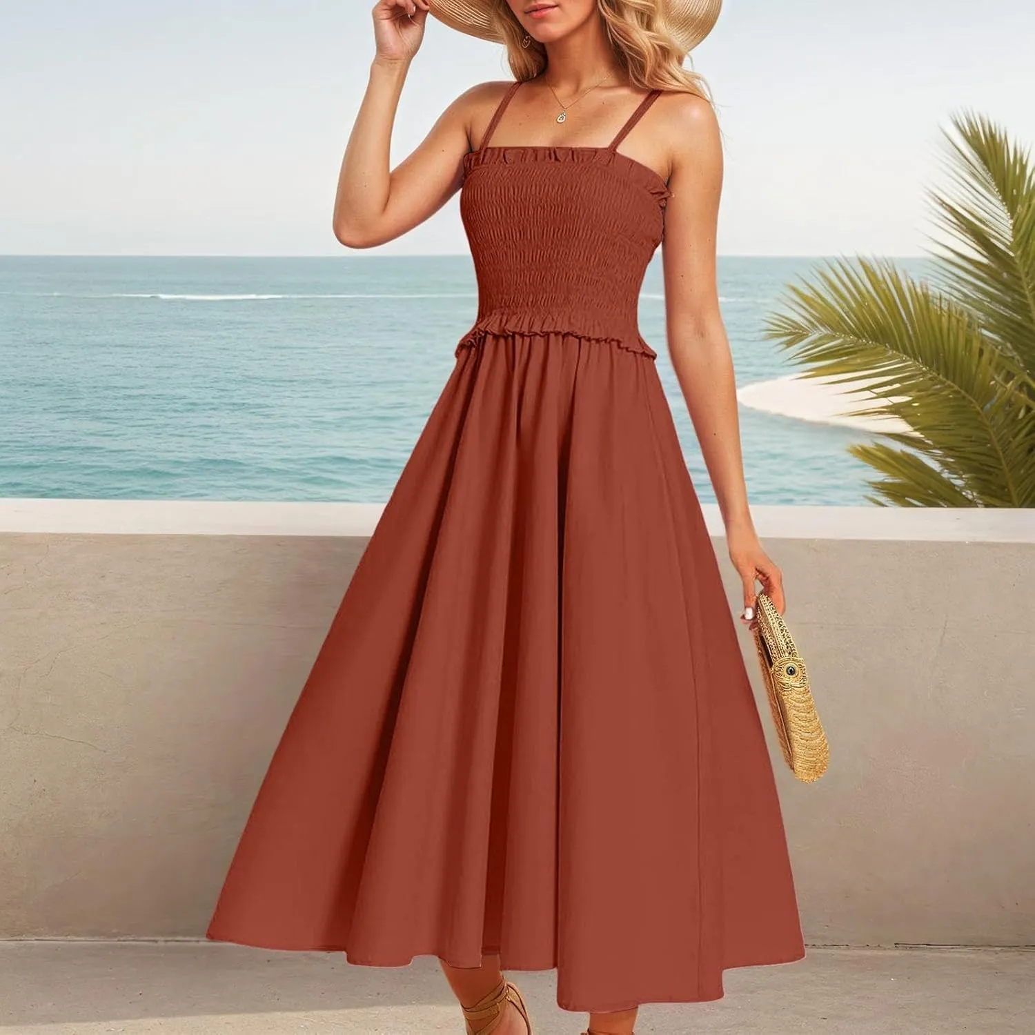 Women's Elegant French Style Casual Dress Fairy Waist Slimming Long Suspender Skirt Comfortable Flowy Summer