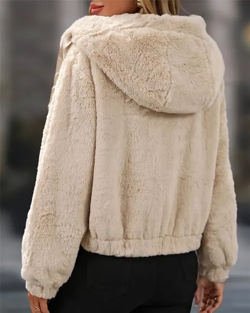 Women's Faux Fur Crop Coat Full Zip Fleece Sherpa Jacket with Hood