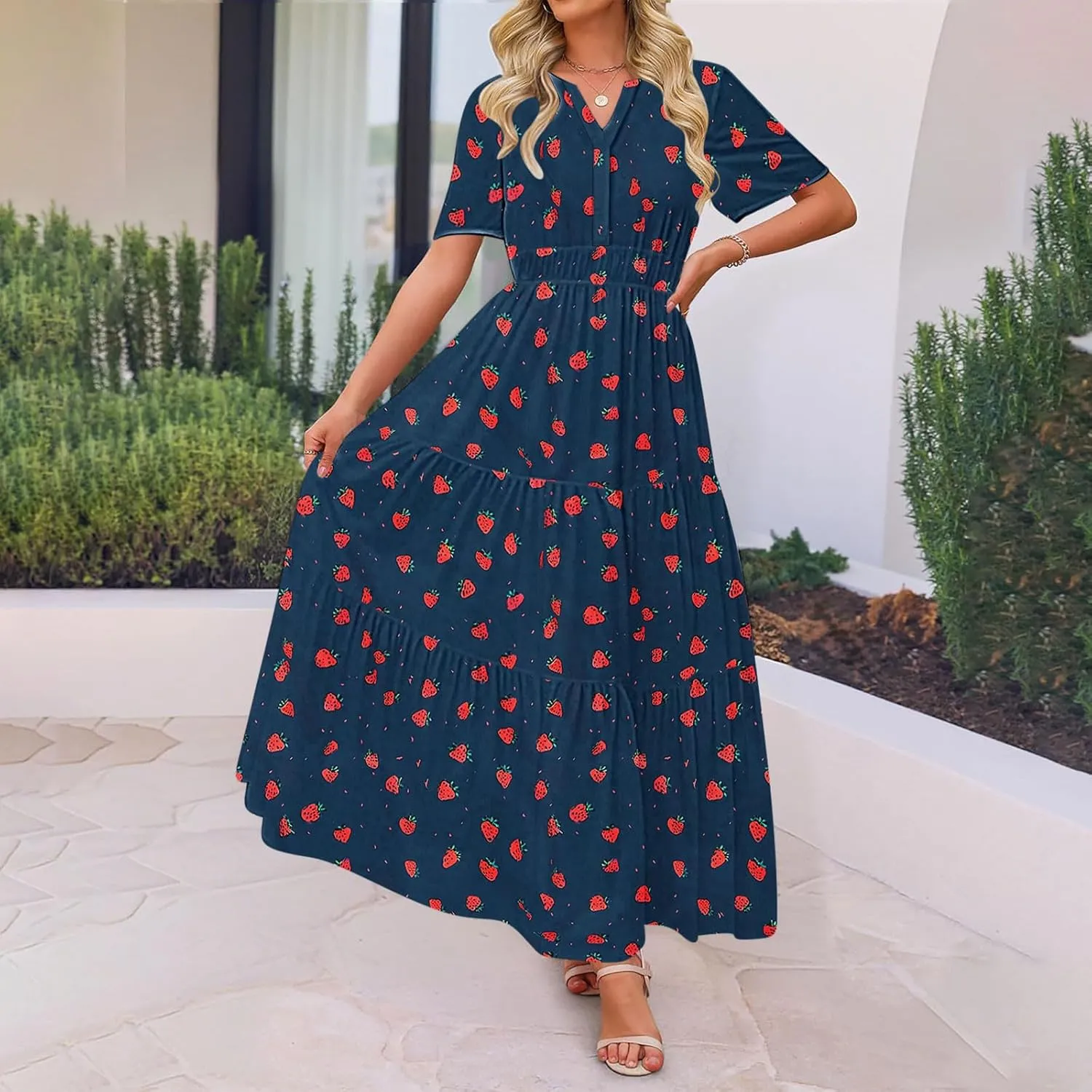 Womens Floral Maxi Dresses V Neck Short Sleeve High Waist A Line Boho Dress 2025 Summer Beach Boho Vacation Dresses