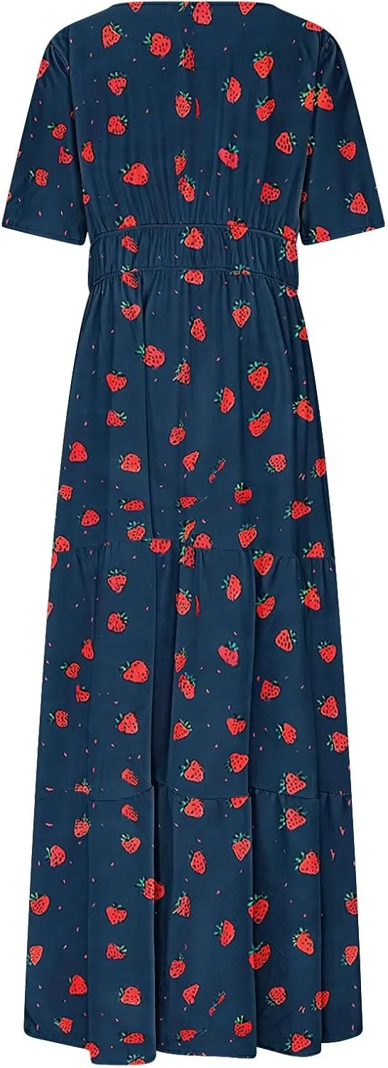 Womens Floral Maxi Dresses V Neck Short Sleeve High Waist A Line Boho Dress 2025 Summer Beach Boho Vacation Dresses