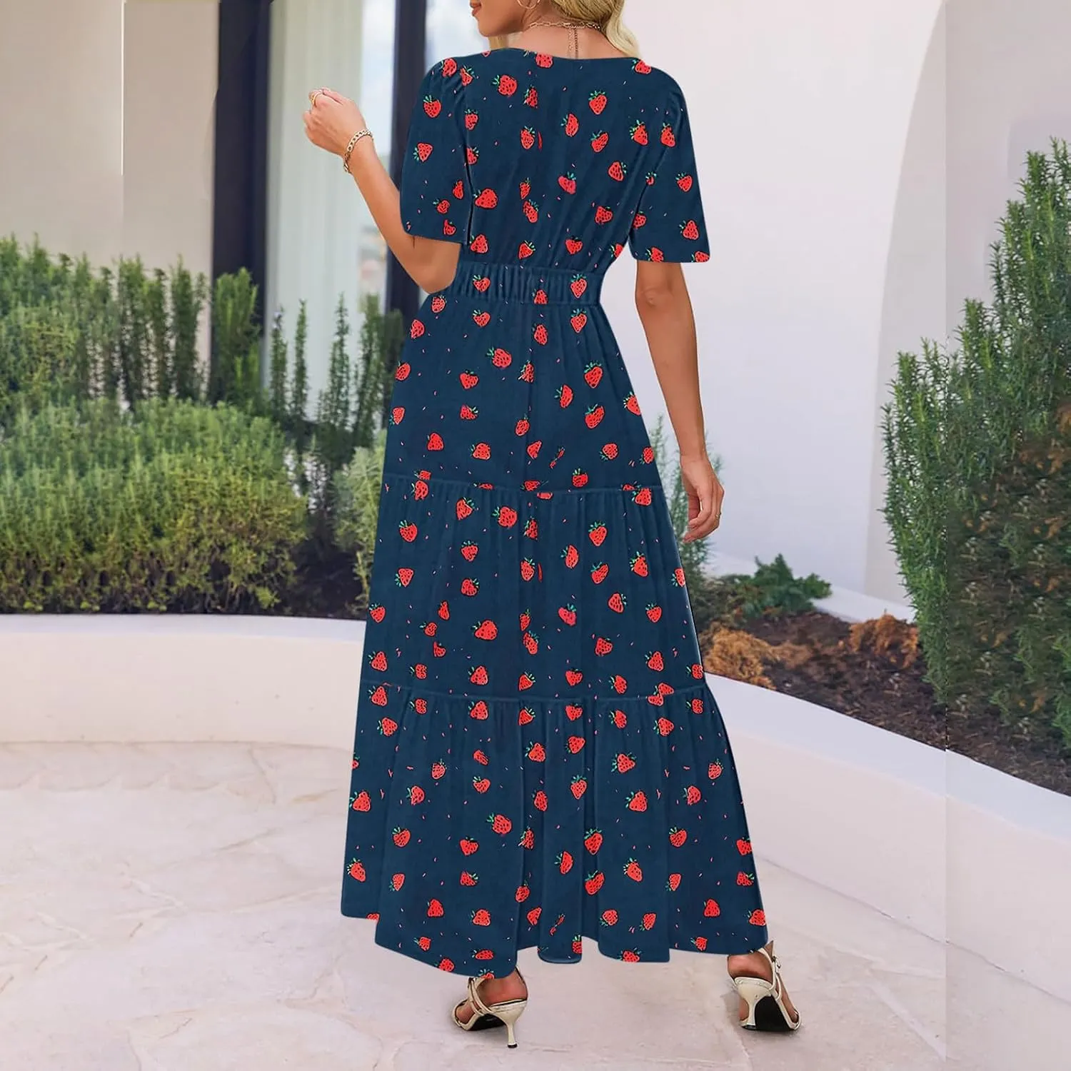 Womens Floral Maxi Dresses V Neck Short Sleeve High Waist A Line Boho Dress 2025 Summer Beach Boho Vacation Dresses